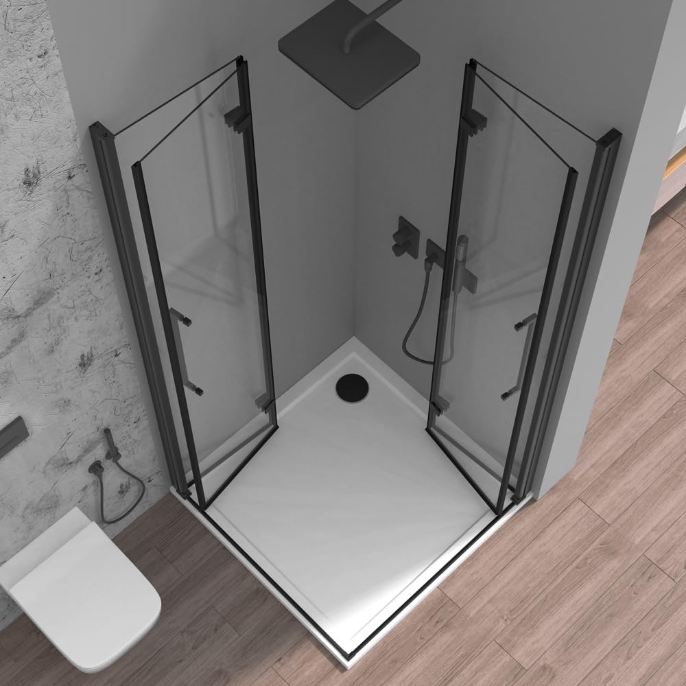 Box Doccia Angolare 70x80 Con Doppia Porta A Soffietto In Vetro Temperato Trasparente E Profili Nero Opaco - Linea Neos - H 195 Cm E Spessore 6 Mm