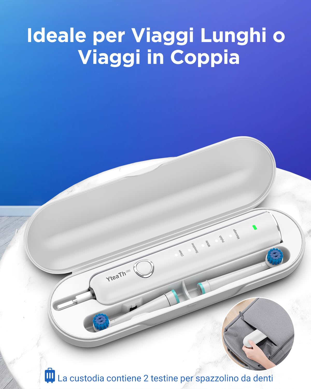 Spazzolino Elettrico Rotante per Sbiancamento Dentale - Spazzolino Rotante per Adulti, 8 Testine e Custodia da Viaggio, 5 Modalità, Impermeabile IPX7, Spazzolino Elettrico Ricaricabile, Bianco