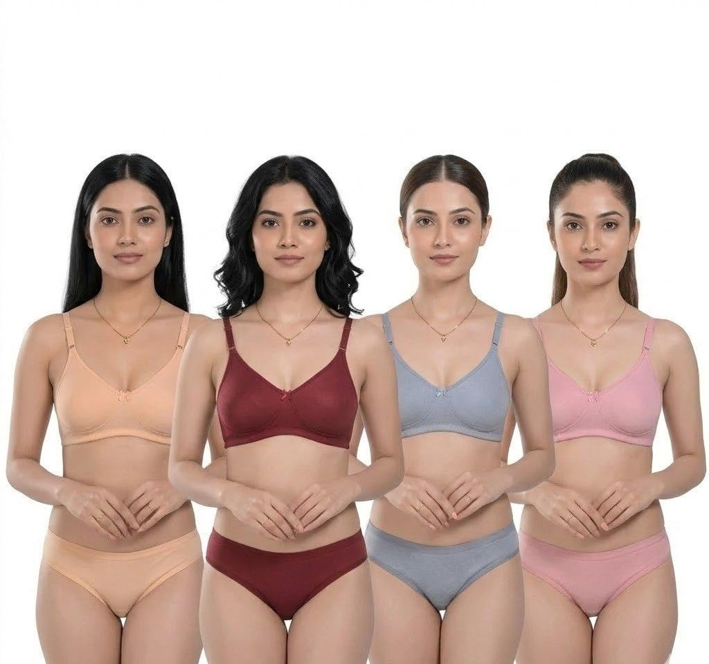 Women's Pure Cotton Multicolor Bra and Panty Set 1-Pack Combo, Non-Padded, Wirefree Women Cotton Non Padded Full Cup Padded T-Shirts Bra Panty Lingerie Set Multicolour - 34-image-32