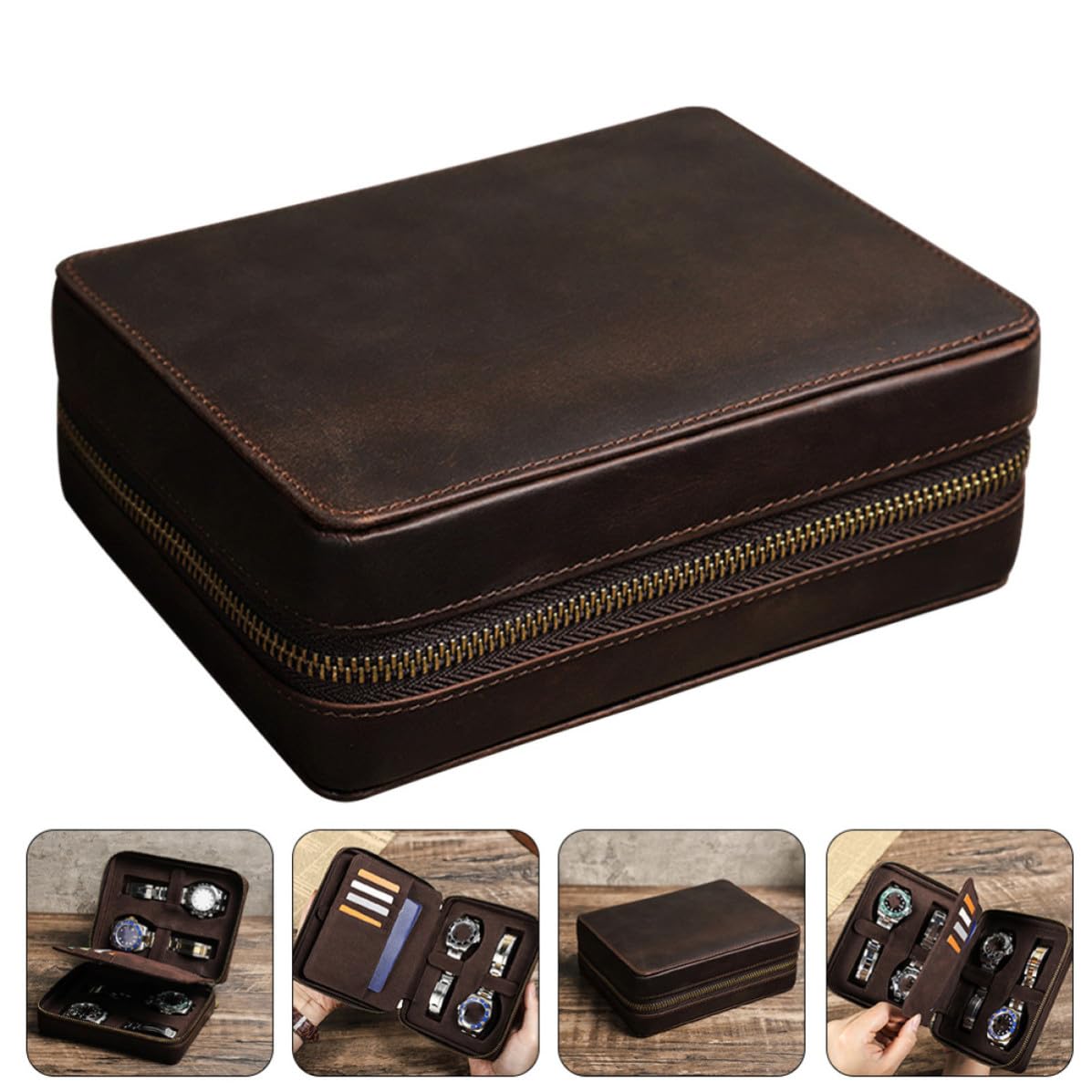 BESTOYARD Vintage Leder Uhrenetui Reisebox für Herrenuhren mit 4 Fächern