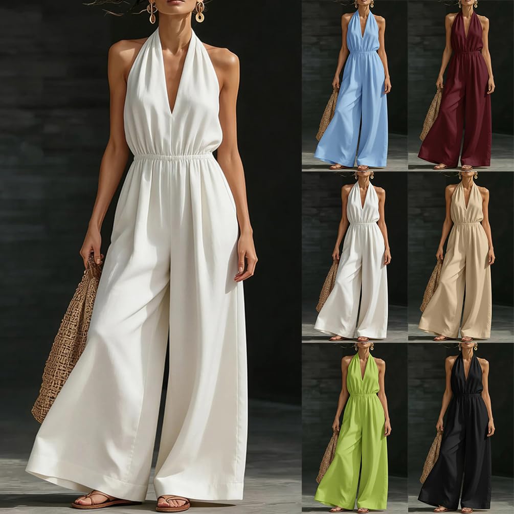 Monopezzi e Tutine da Donna Lunga Elegante Tuta Intera senza Maniche Scollo V senza Schienale Salopette Jumpsuit Pantaloni Vita Alta