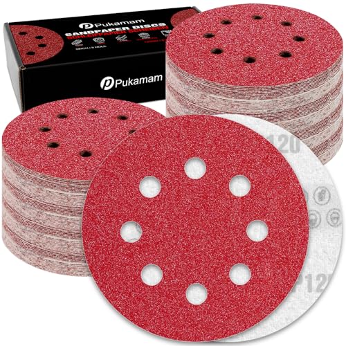Pukamam 120 Pcs 5 inch Sanding Discs 120 Grit 8 Hole Hook and Loop