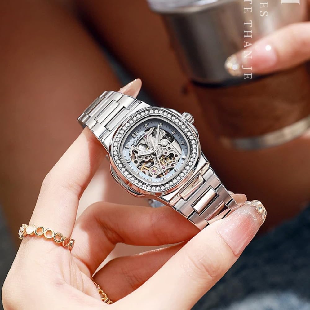 Damen Ausgehöhlte Skelett Vollautomatische Mechanische Uhr Mode Diamant eingelegte Lünette Uhr Leuchtende Wasserdicht Elegant Luxus Armbanduhr