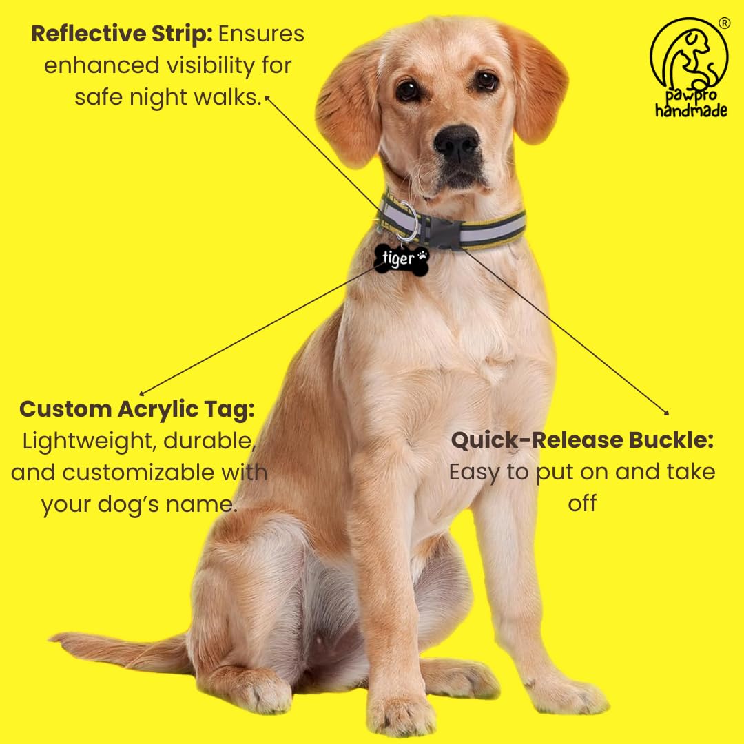 PAWPRO HANDMADE Collare riflettente per cani con targhetta personalizzabile a forma di osso, regolabile per sicurezza e comfort, adatto per collo da 35 a 50 cm, nero (giallo, M)