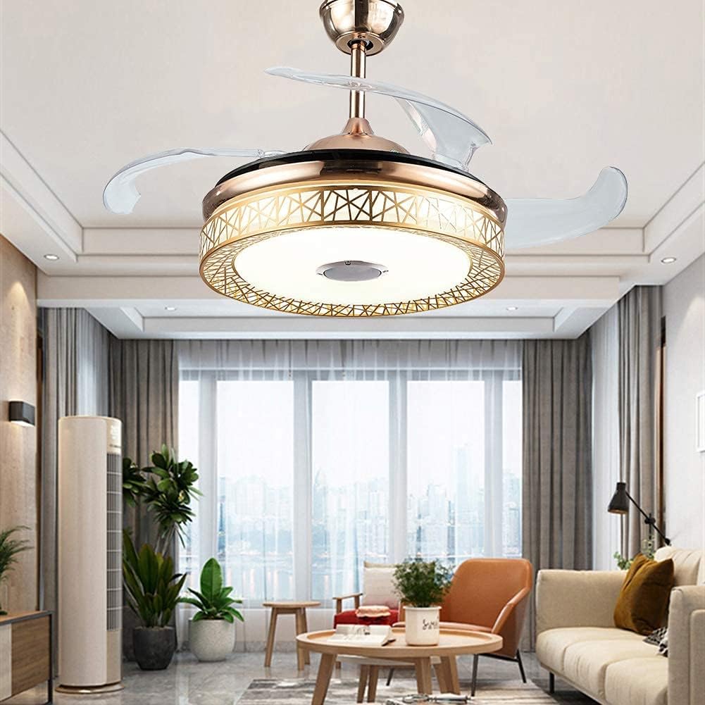 Fandian 42'' Modern Ceiling Fans with Light Smart Bluetooth Speaker Music Player Chandelier 3 Colors 3 Speeds Invisible Blades with Remote Control, Silent Motor with LED Kits (42-in Gold Nest)