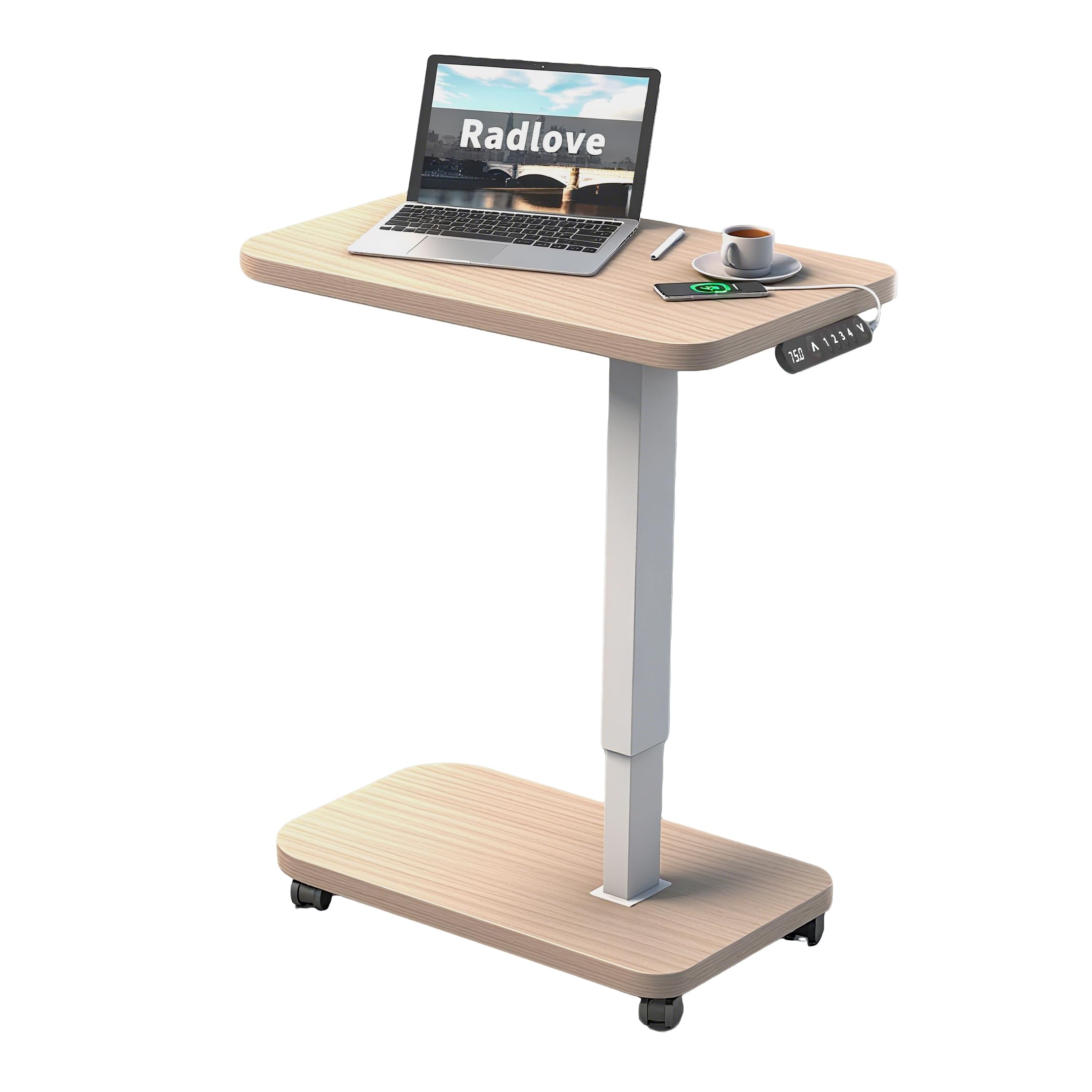 Radlove Escritorio de altura regulable eléctricamente con USB-C y pantalla LED, 71 x 46 cm, escritorio de pie con ruedas, mesa portátil de altura ajustable, aspecto de madera