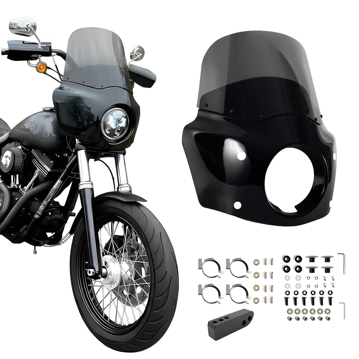 Motorcycle Fairing 5.75" Headlight Fairing with 11" Motorcycle Windshield 49mm Mounting Hardware for Harley Dyna FXD FXDC Street Bob FXDB Low Rider FXDL FXDLS Super Glide FXDI35(Smoke)