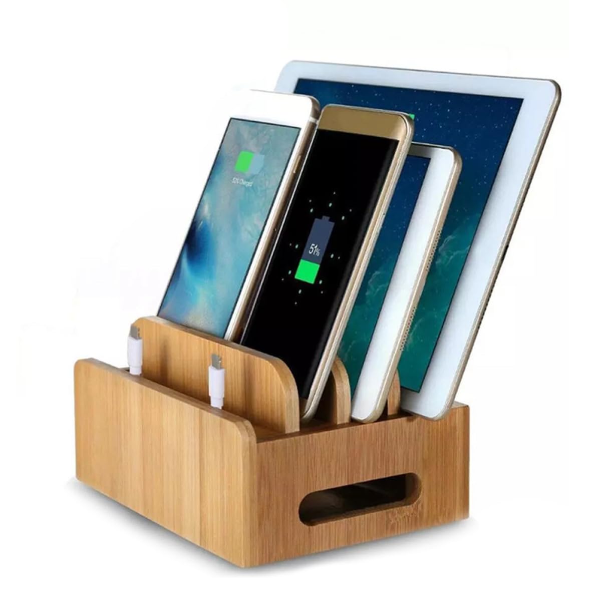 Lurrose Stazione di Ricarica Multi-dispositivo in Legno con Coperchio Rimovibile, Supporto da Tavolo per Telefono e Tablet, Organizzatore di Cavi USB per Uso Domestico e Ufficio