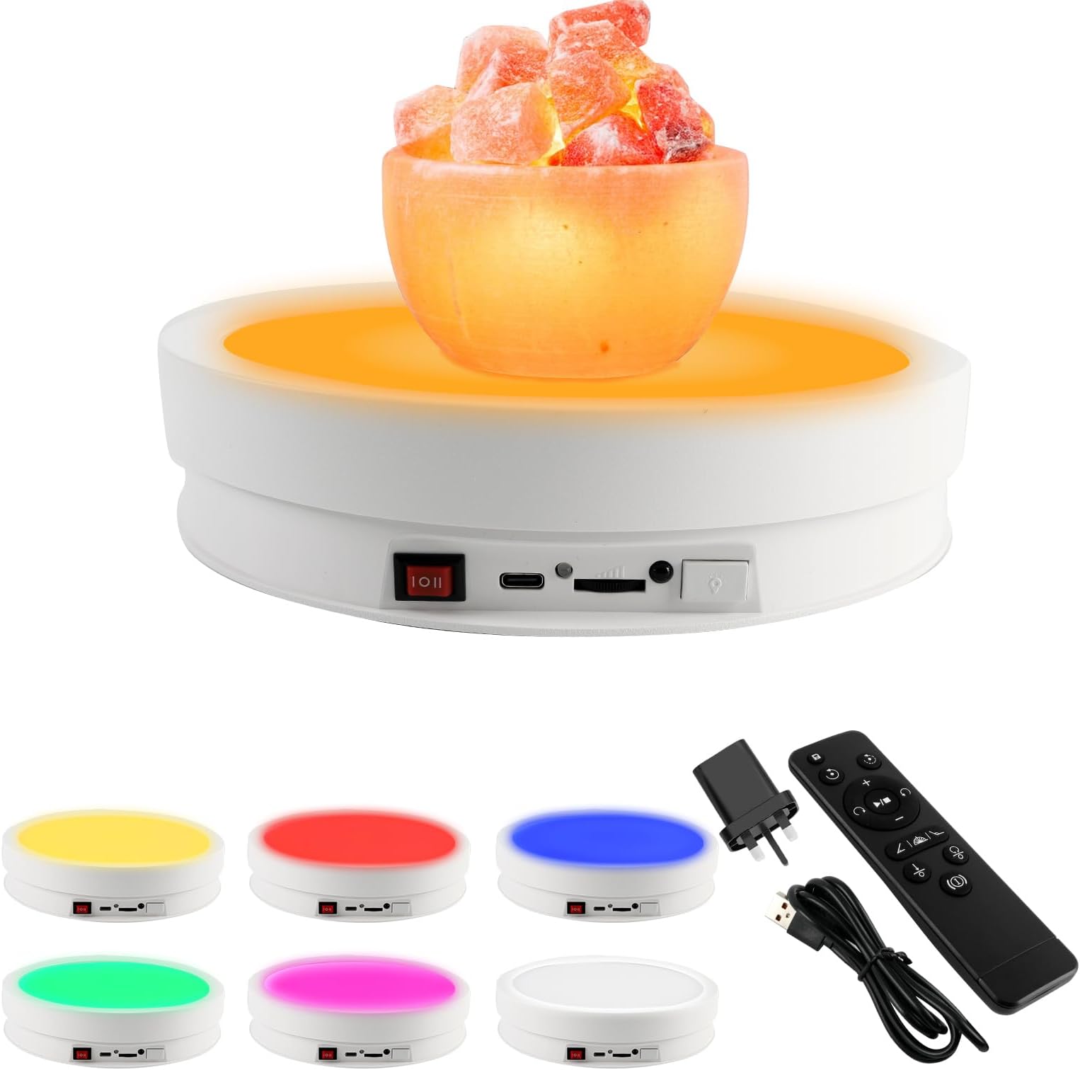 Electric Motorized Rotating Turntable, 360° Display Stand with LED 6 Colors, Remote Control Photography Turntable Adjustable Direction, Speed for Product Display Video, 20KG Load (White,22CM)