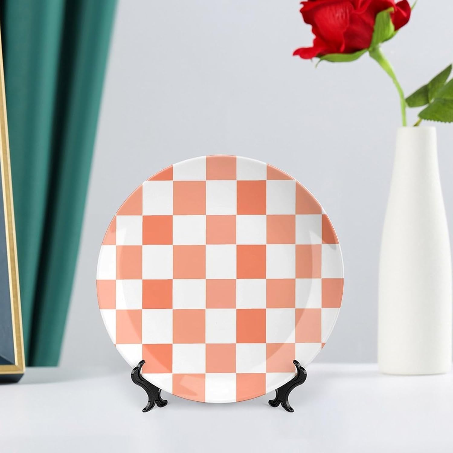 Peach White Checkered Plaid Pattern Decorative Plates for Display Ceramic Plate Tray with Stand Hanger Home Decor