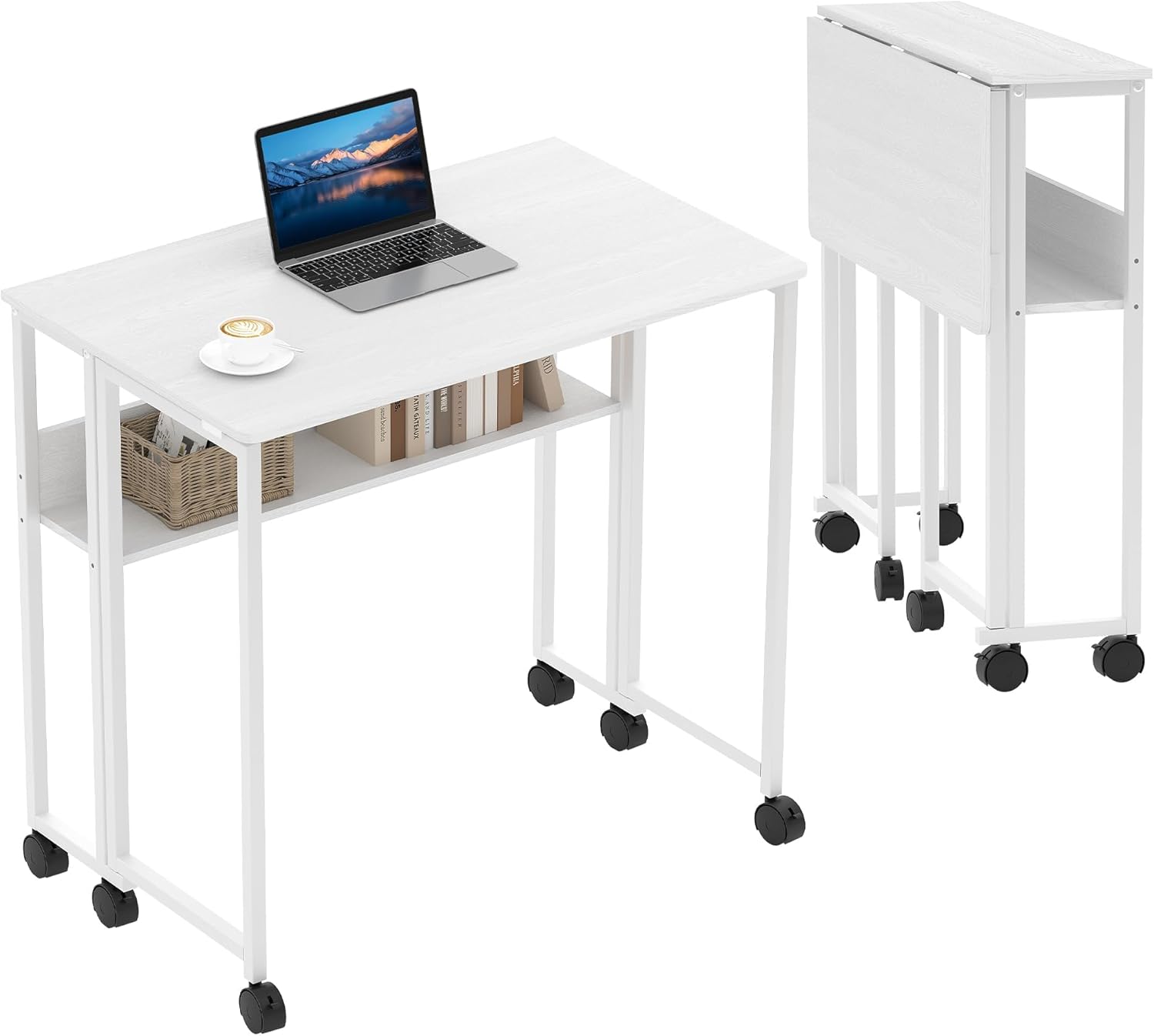 80Cm/63Cm Small Folding Desk with Metal Frame & Storage Shelf, Space-Saving Foldable Computer Table on Wheels, Rolling Laptop Desk Workstation Craft Station for Home Office/Dorm/Small Spaces - Amazon product rated Grade F