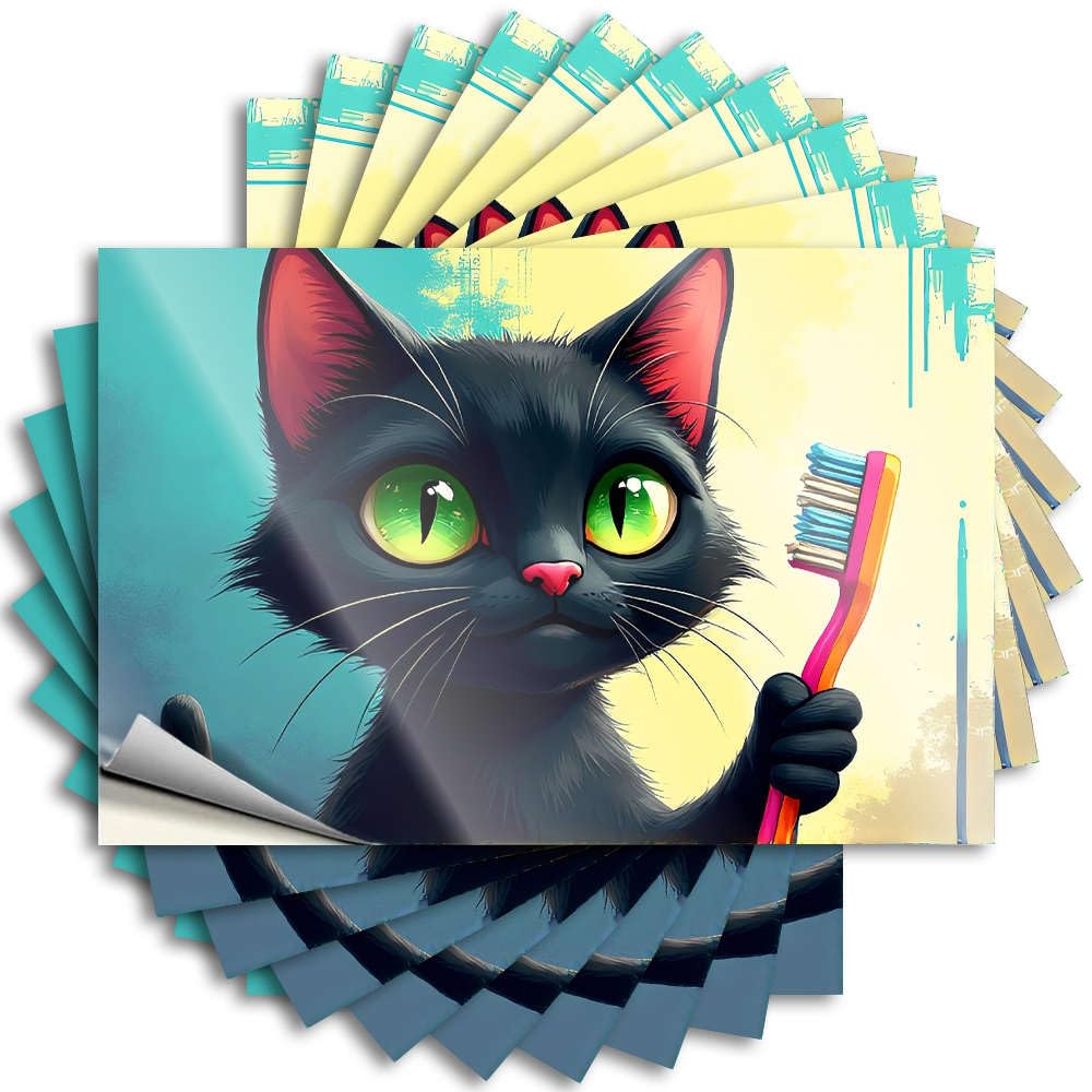 Tiny Bumper Aesthetic Decals, Large Cute Pattern Design for Alcohol Notebook | Wall Removable Vinyl A Black Cat Holding A Colorful Toothbrush(12X18CM)