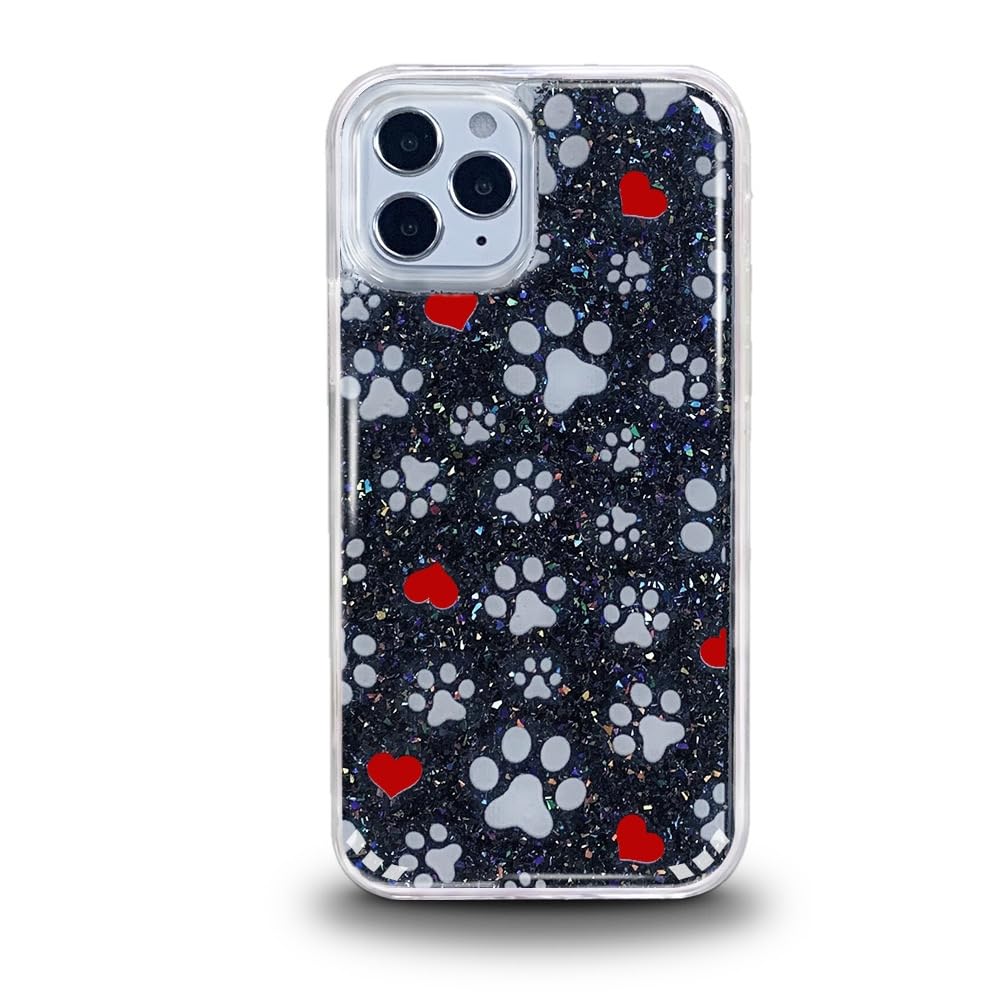 for iPhone 14 Pro Max Case, Luxury Sparkle Bling Glitter Cute Paw Pattern Fun Cartoon Pet Design Transparent Soft Shockproof TPU Protective Clear Case 6.7 inch (Black Paws)
