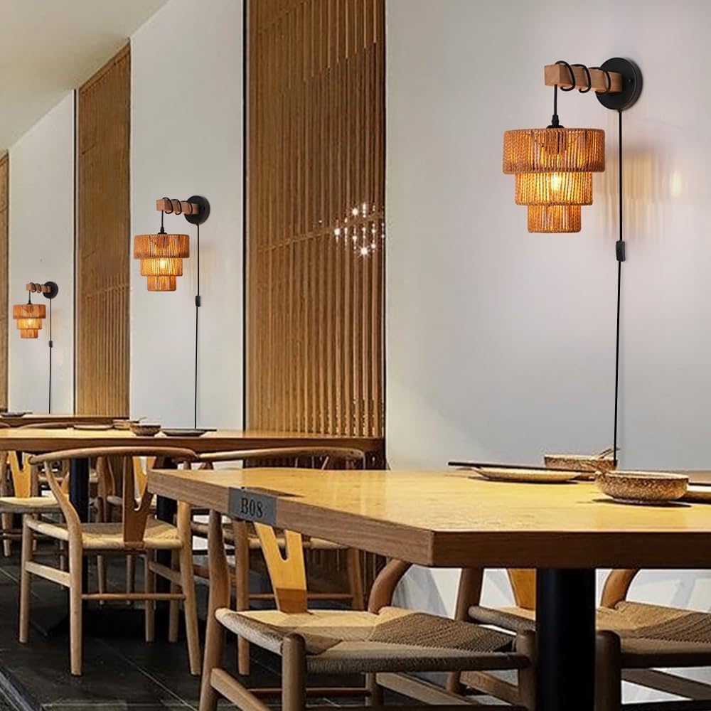 Drewniana lampa ścienna w stylu retro, industrialna, vintage, z włącznikiem, oświetlenie wewnętrzne w stylu boho, z wtyczką i kablem, lampka nocna do sypialni, salonu, korytarza, tawerny