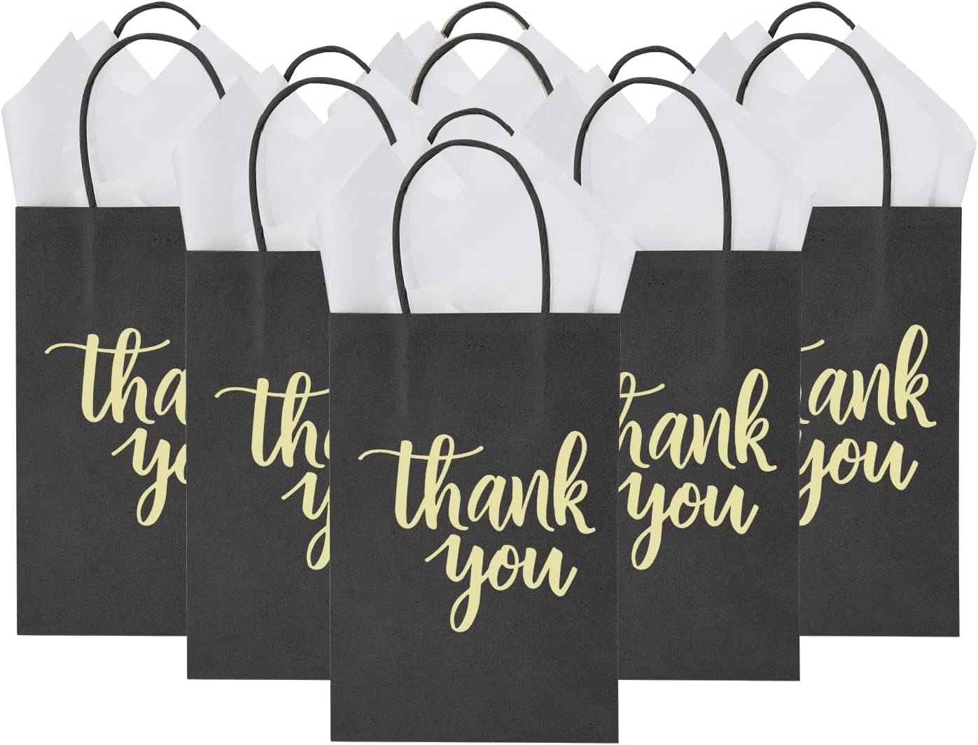 DjinnGlory 50 Pack Small Black Thank You Paper Gift Bags with Handles 9x5.5x3.15 Inch and Tissue Paper for Christmas Gifts, Wedding Bridal Baby Shower Graduation Party Goodies