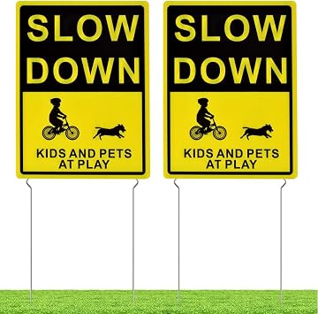 Kichwit Slow Down Kids and Pets at Play Yard Signs with Metal Stakes, 16 x 12 Inches/25.7 Inch High, 2 Pack Double Sided Children at Play Safety Signs for Street