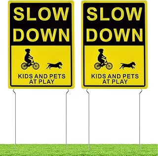 Kichwit Slow Down Kids and Pets at Play Yard Signs with Metal Stakes, 16 x 12 Inches/25.7 Inch High, 2 Pack Double Sided Children at Play Safety Signs for Street