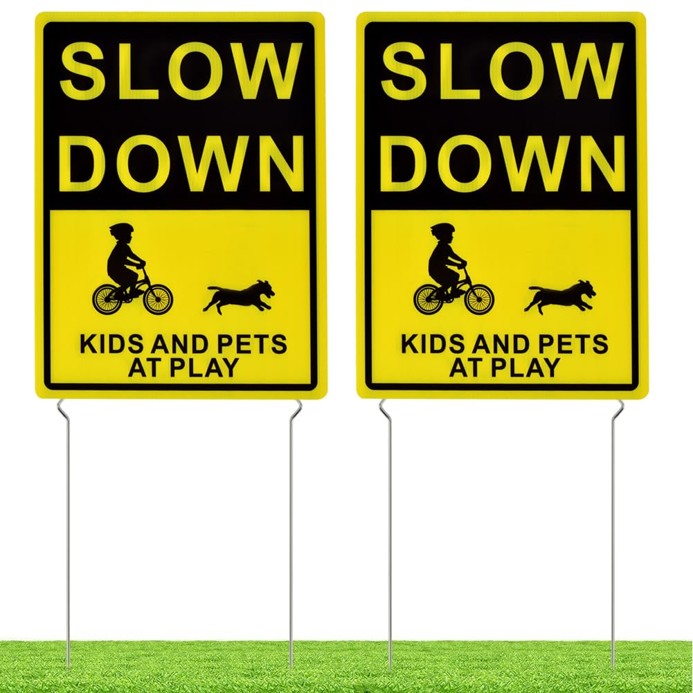 Kichwit Slow Down Kids and Pets at Play Yard Signs with Metal Stakes, 16 x 12 Inches/25.7 Inch High, 2 Pack Double Sided Children at Play Safety Signs for Street