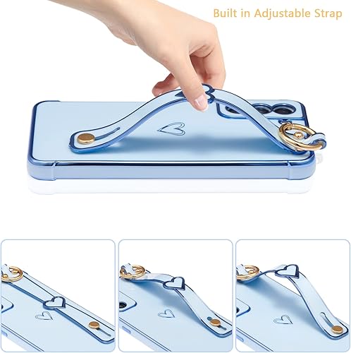 Vista 3 de ZTOFERA Funda para Samsung Galaxy S22 Plus 5G con correa para la muñeca, bonito borde chapado de lujo, patrón de corazones de amor para niñas y Azul