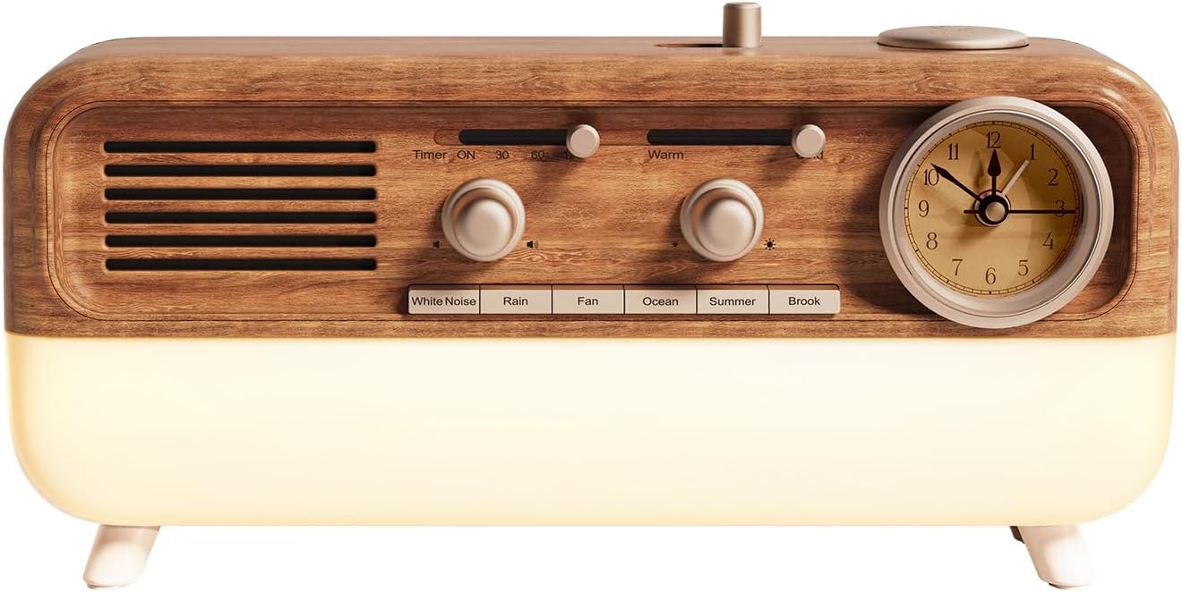 Retro Sleep Sound Machine - Dual Color Ambient Light,6 Soothing White Noise Sounds,Timer Alarm,Classic Vintage Decor(Battery Version)