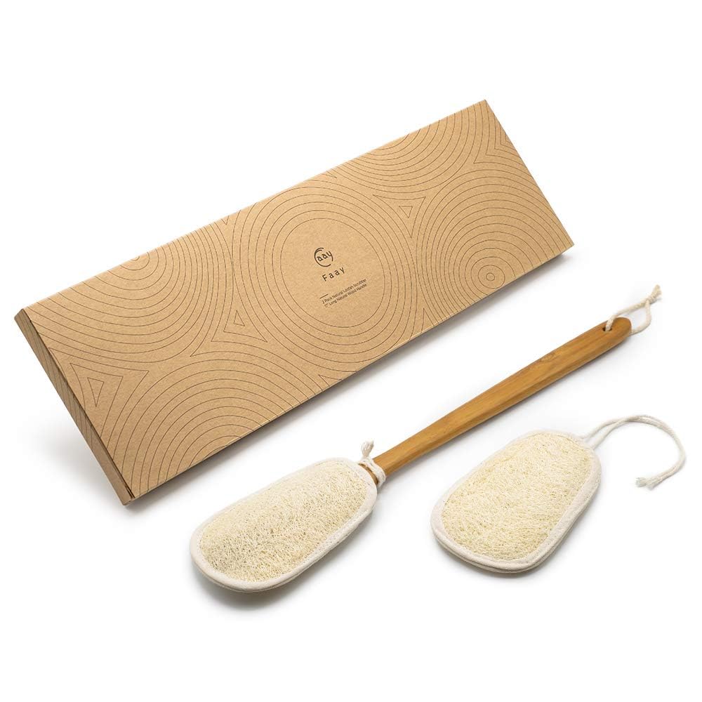 FAAY Depurador de espalda de lufa exfoliante natural de 17 pulgadas en un palo con recambios de almohadillas de esponja Luffa - Cepillo de ducha y baño corporal de mango largo para hombres y mujeres