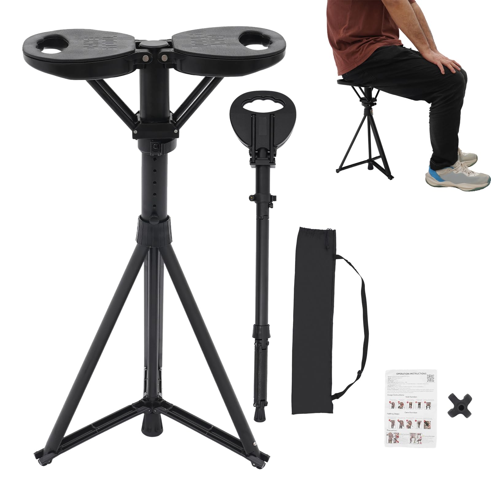 Bastón con asiento, taburete plegable triangular portátil, bastón moderno, para hombre y mujer, altura del asiento ajustable 49 – 57 cm, altura del bastón 87 – 95 cm, caña y taburete doble, hasta 150