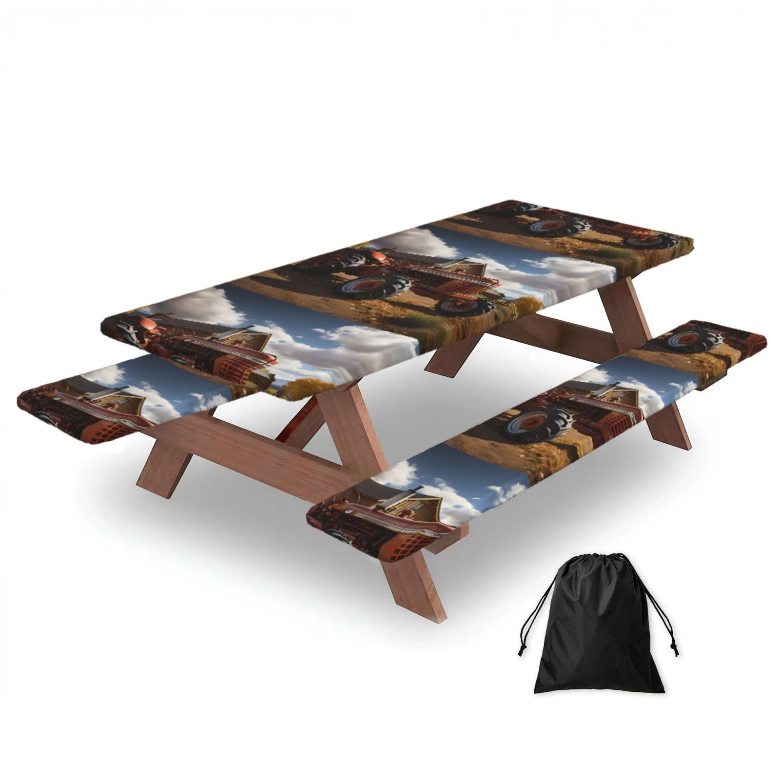 72in Camping Table Cover & Bench Covers 3-Pack Set, Red Tractor Print Tablecloths, for Rectangle Tables Picnic