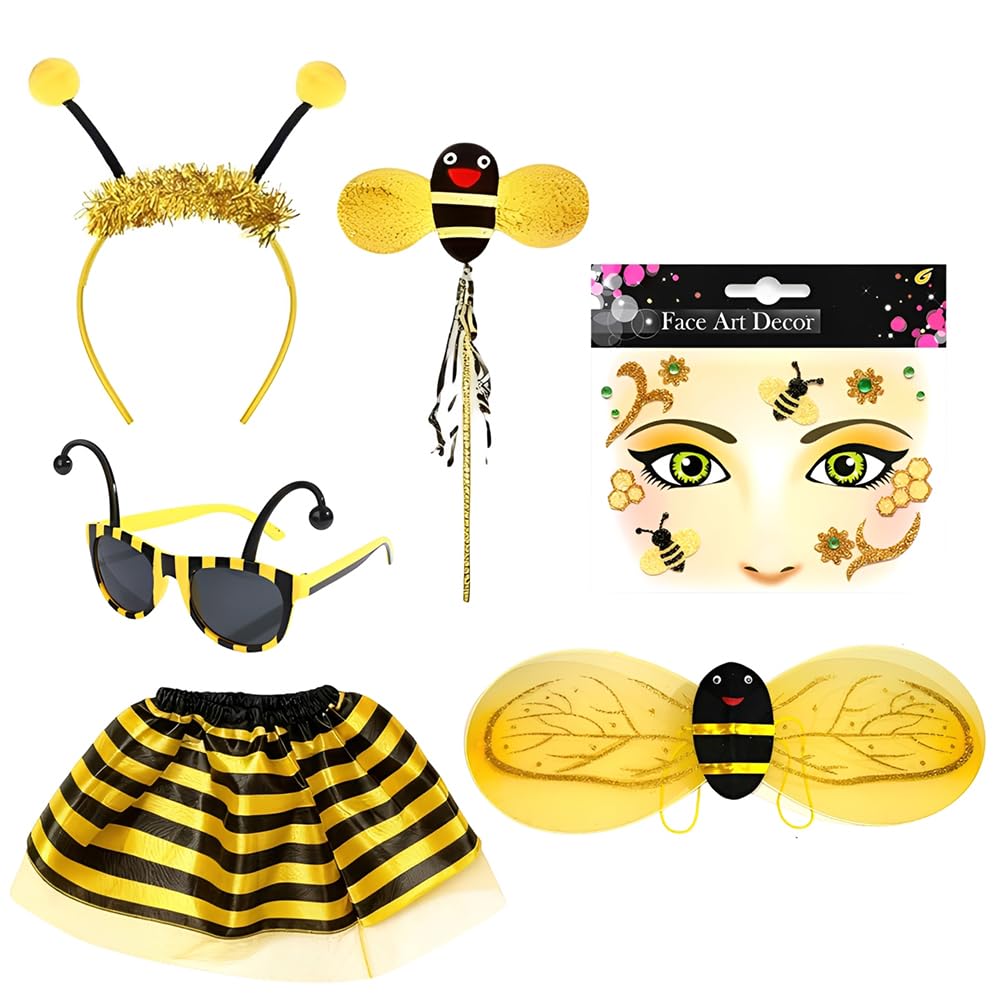 Disfraz De Abeja 6 Piezas Alas De Abeja y Falda De Tul Para Disfraces Con Diadema,Tatuaje Temporal Facial De Disfraz Para Carnaval Halloween