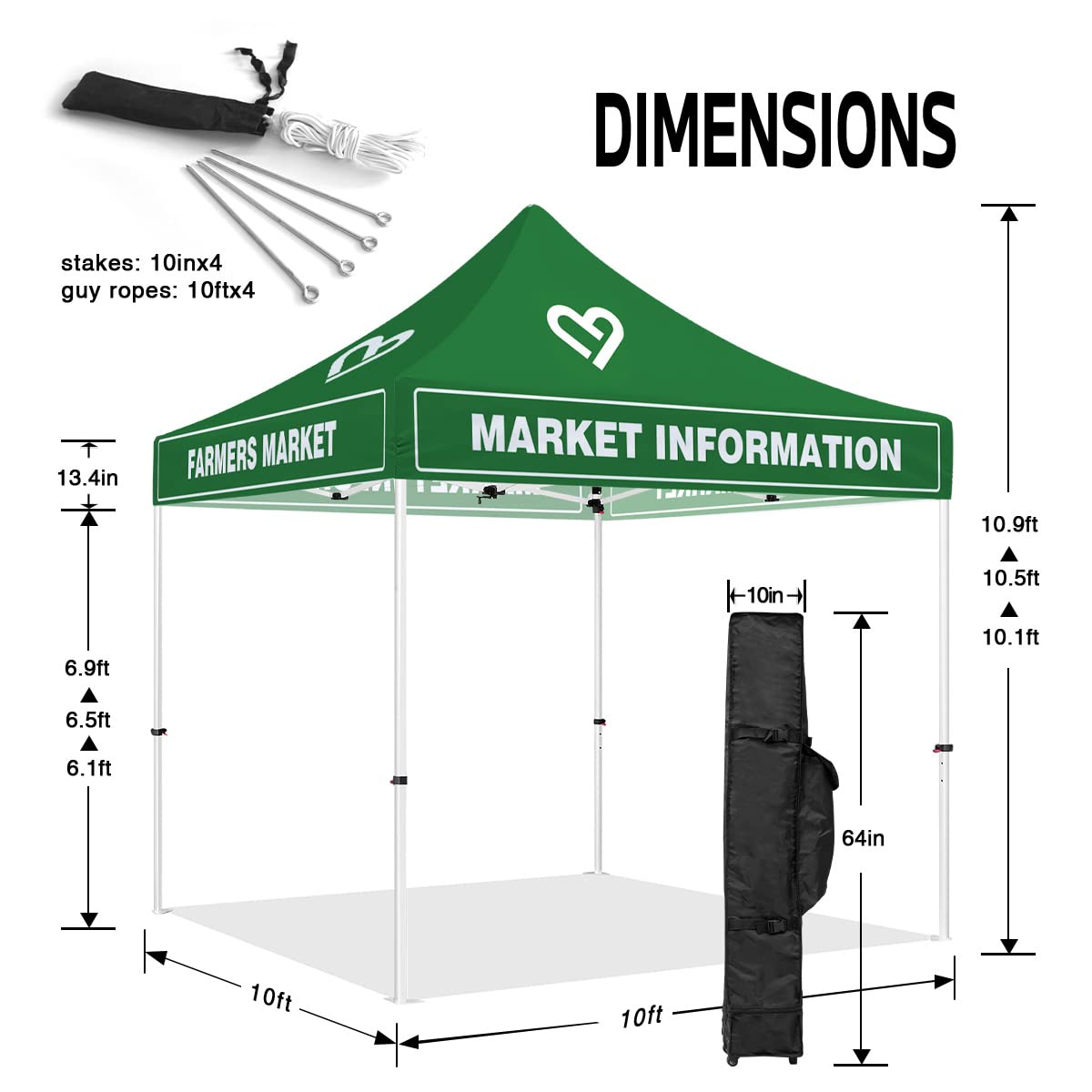 Farmers Market Pop Up Canopy Tent, 10x10 Heavy Duty Outdoor Canopy for Farmers Market Help Information Booth, Roller Bag and Stake Kit Included, Backwall : Toys & Games