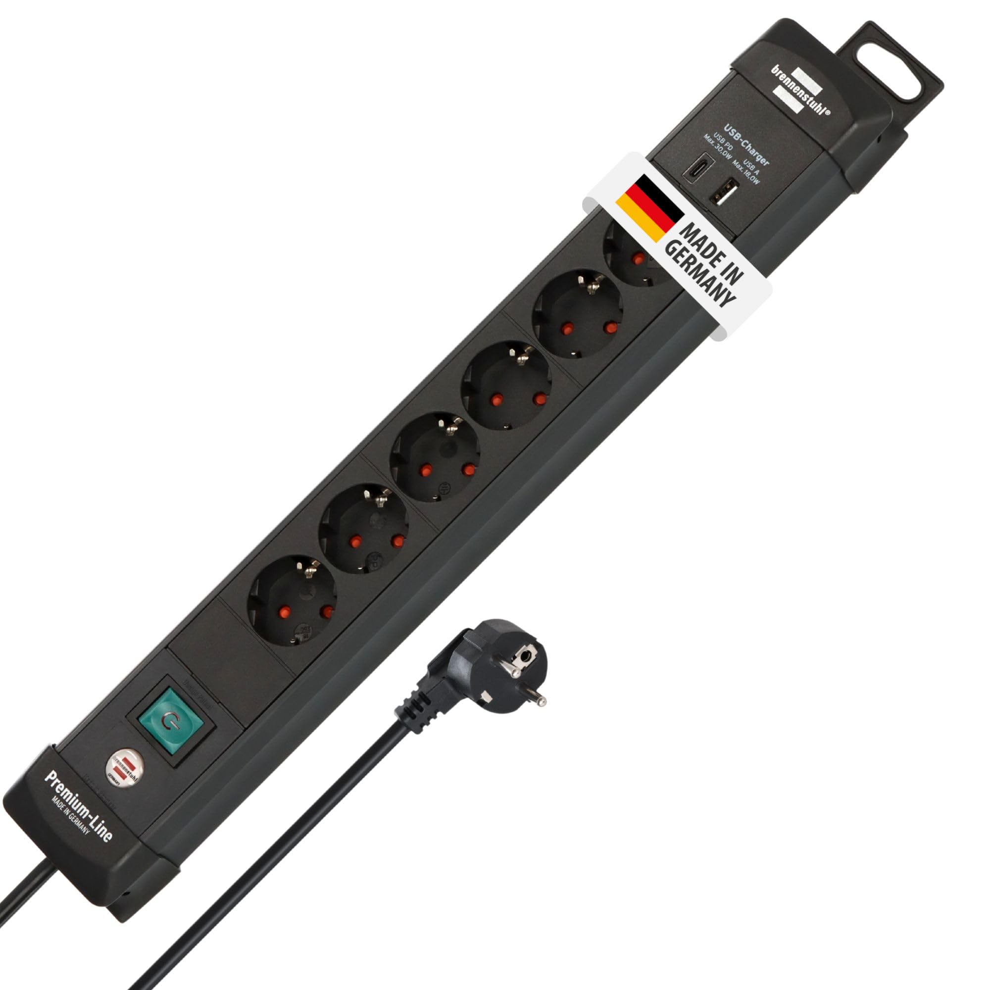 Brennenstuhl Premium-Line Steckdosenleiste 6-fach mit USB, 3m | Mit USB C PD 30W und USB A 18W, Made in Germany, Mehrfachsteckdose mit Schalter, Steckerleiste zur Wandmontage, schwarz