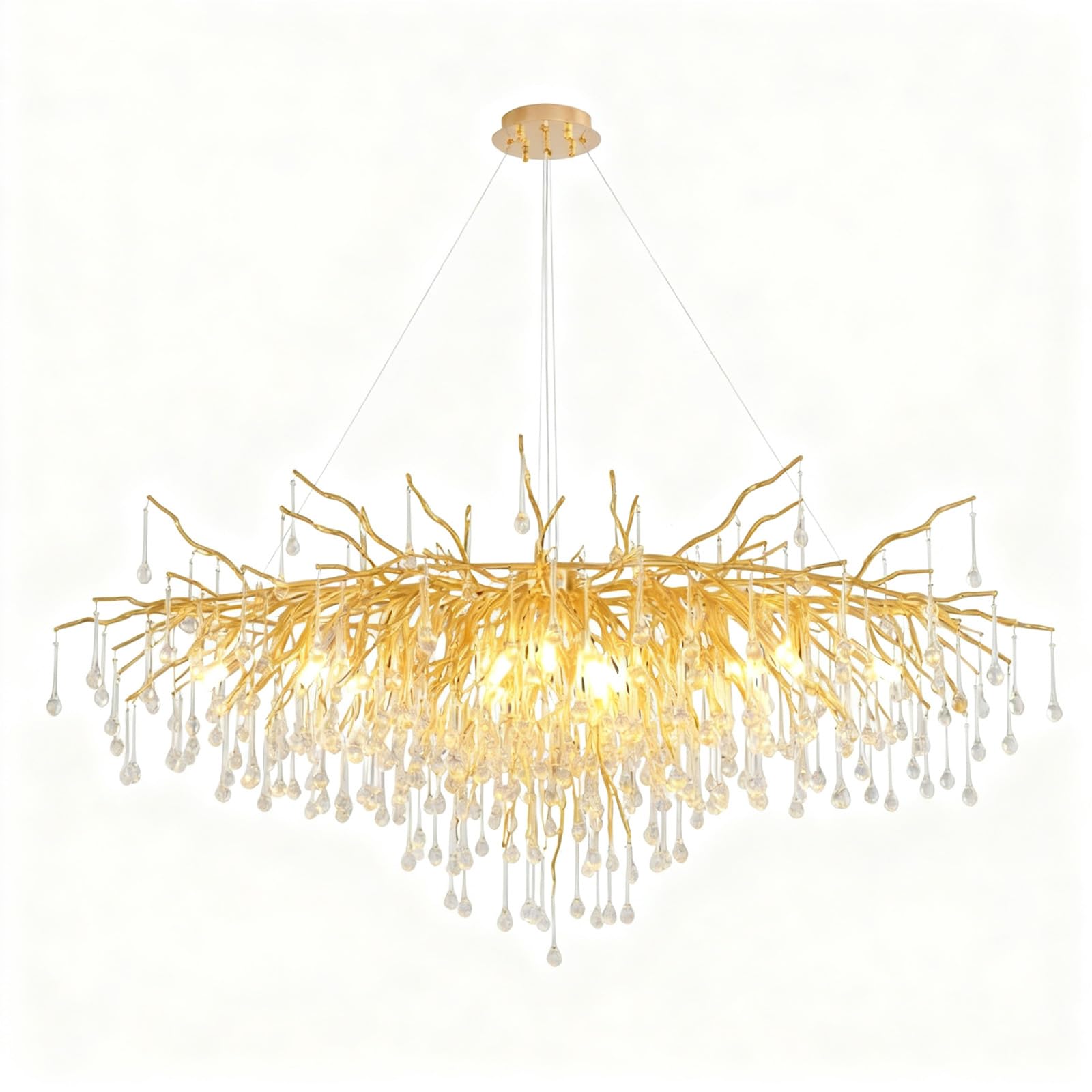 KXEcoLife Modern Crystal Rectangular Chandelier, Tree Branch Raindrop Chandelier Light Fixtures Large Kitchen Island Hanging Fixture for Living Room, Dining Foyer, L140cm