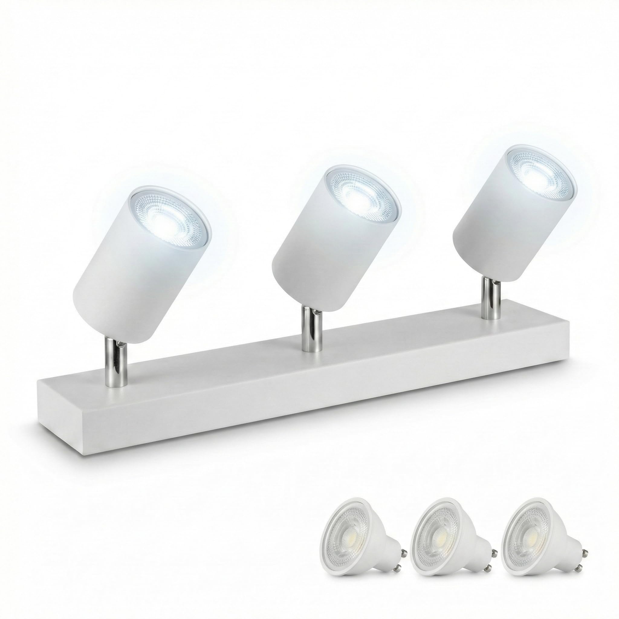 Plafonnier Spot Barre Rectangulaire Blanc 3 Têtes, 3x Ampoules LED GU10 6000K Blanc Froid Incluses, Prêt à l'Emploi. Éclairage Puissant et Orientable pour Garage, Atelier, Buanderie, Style Moderne