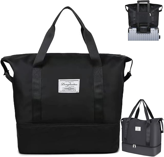 Travel Duffel Bag, 36L Weekend Bag with Trolley Sleeve, Dry&Wet Seperated Large Tote Carry on Bag, Waterproof Lightweight Holdall Bags for Women, Sports Gym Bag for Vacation, Sports, Shopping Black
