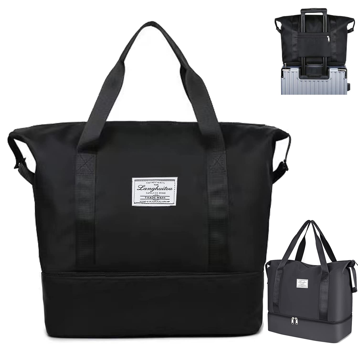 hatieo Travel Duffel Bag, 36L Weekend Bag with Trolley Sleeve, Dry&Wet Seperated Large Tote Carry on Bag, Waterproof Lightweight Holdall Bags for Women, Sports Gym Bag for Vacation, Shopping, Black, 36L-picture-54