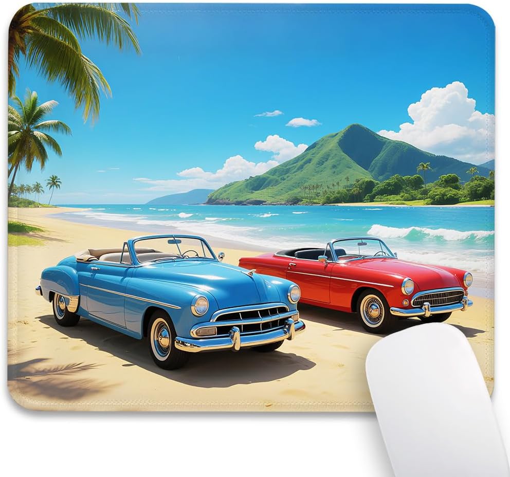 Classic Red & Blue Cars Mouse Pad, Tropical Hawaii Beach Scene Desk Mat
