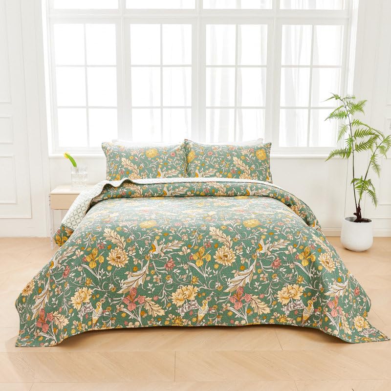 USTIDE King Size Quilt Set, Green Botanical Bedspread Bedding Set, 3 Pieces Floral Quilt with 2 Pillowcases, Soft Lightweight Cotton Coverlet Set for All Season (98"x90")