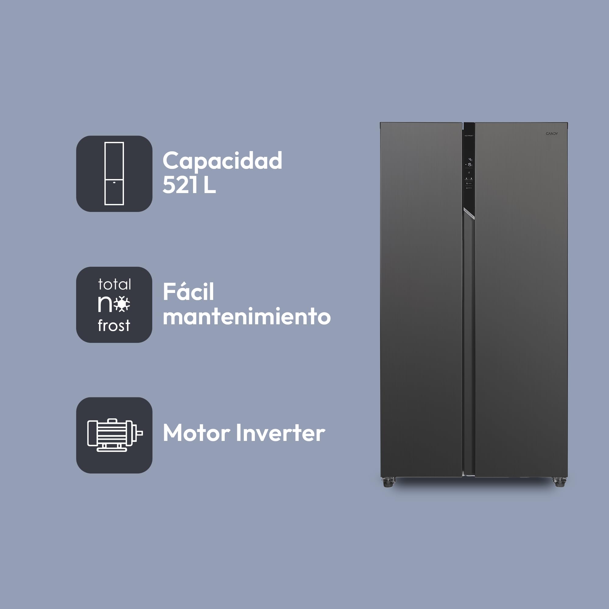 Candy CHSVN-174X, Frigorífico Side by Side, Ancho 91cm, Capacidad 532L, Inverter, Total No Frost, 2 Cajones Verduleros, Control Externo Digital, Iluminación LED, Patas Ajustables, Ruedas, 39DB, Blanco