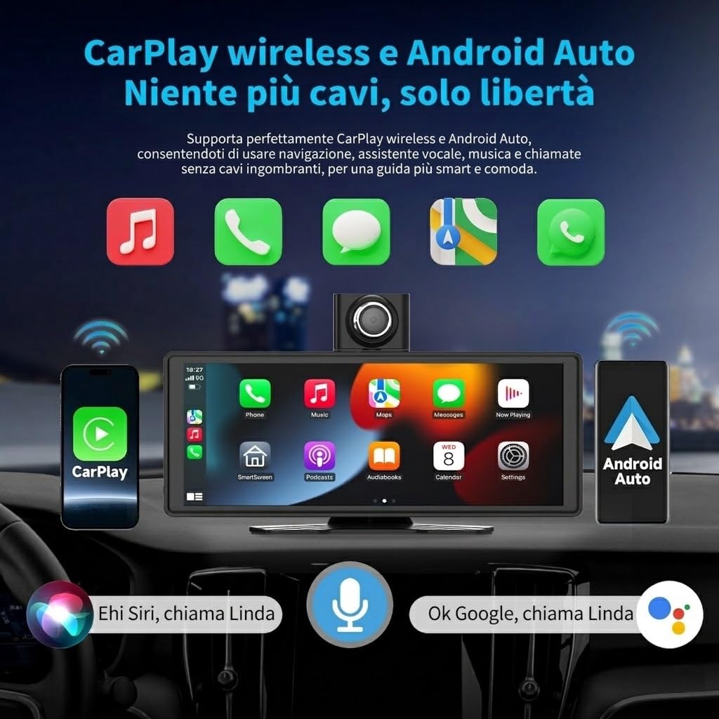 Schermo CarPlay Auto 10,26", Car Play per Auto Wireless e Android Auto, Dash Cam 4K, Supporto Retrocamera 1080P, Schermo per Auto IPS Touch, Mirror Link, BT/FM/AUX, TF 64GB, Plug and Play 12V/24V