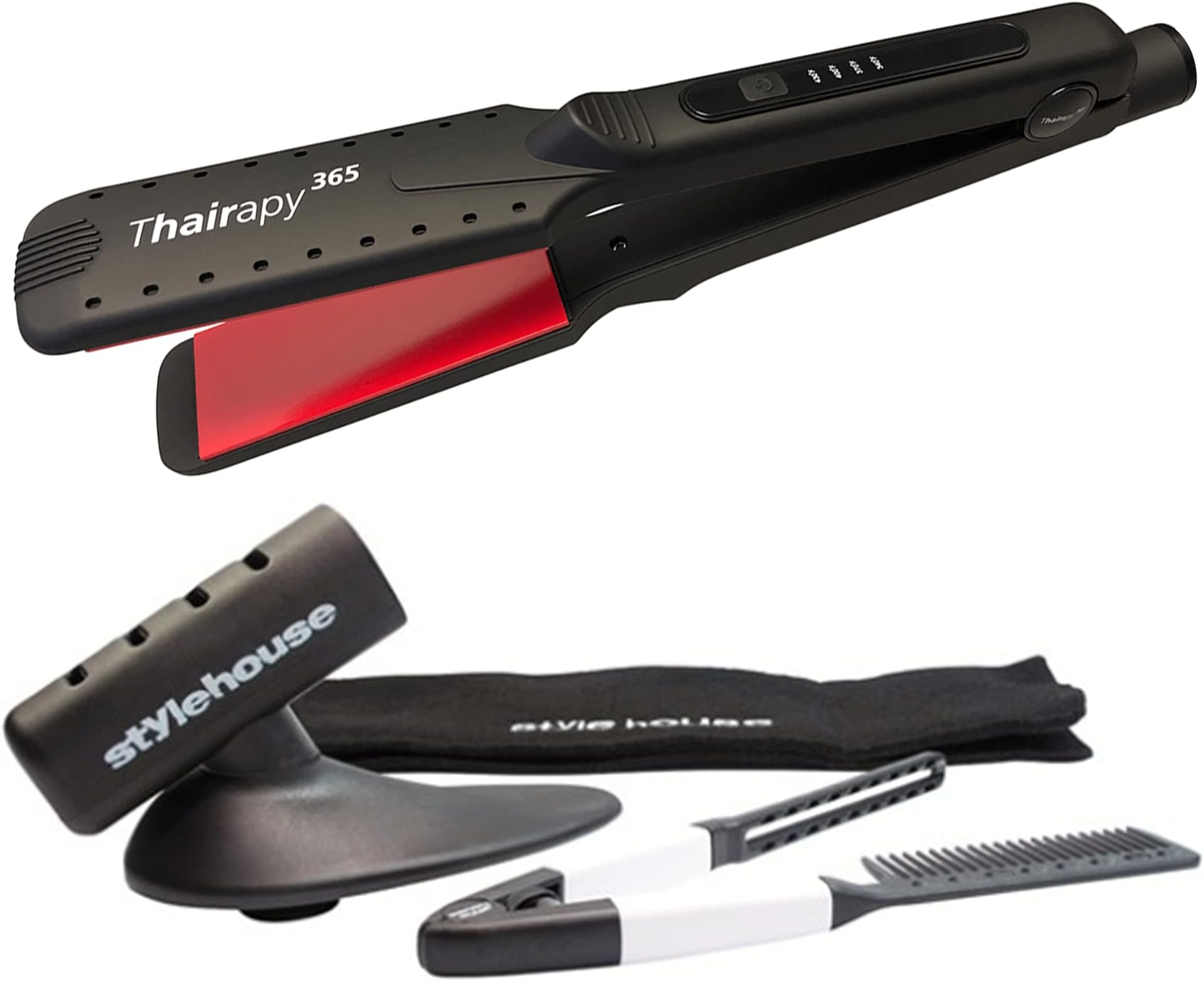 Thairapy 365 Wet or Dry Salon Quality Flat Iron Set ● 1.5 inch Extra Wide Styling Plates ● 450F to 140F Digital Temp Control - Professional Hair Straightener & Comb - Dual Voltage 110v-240v