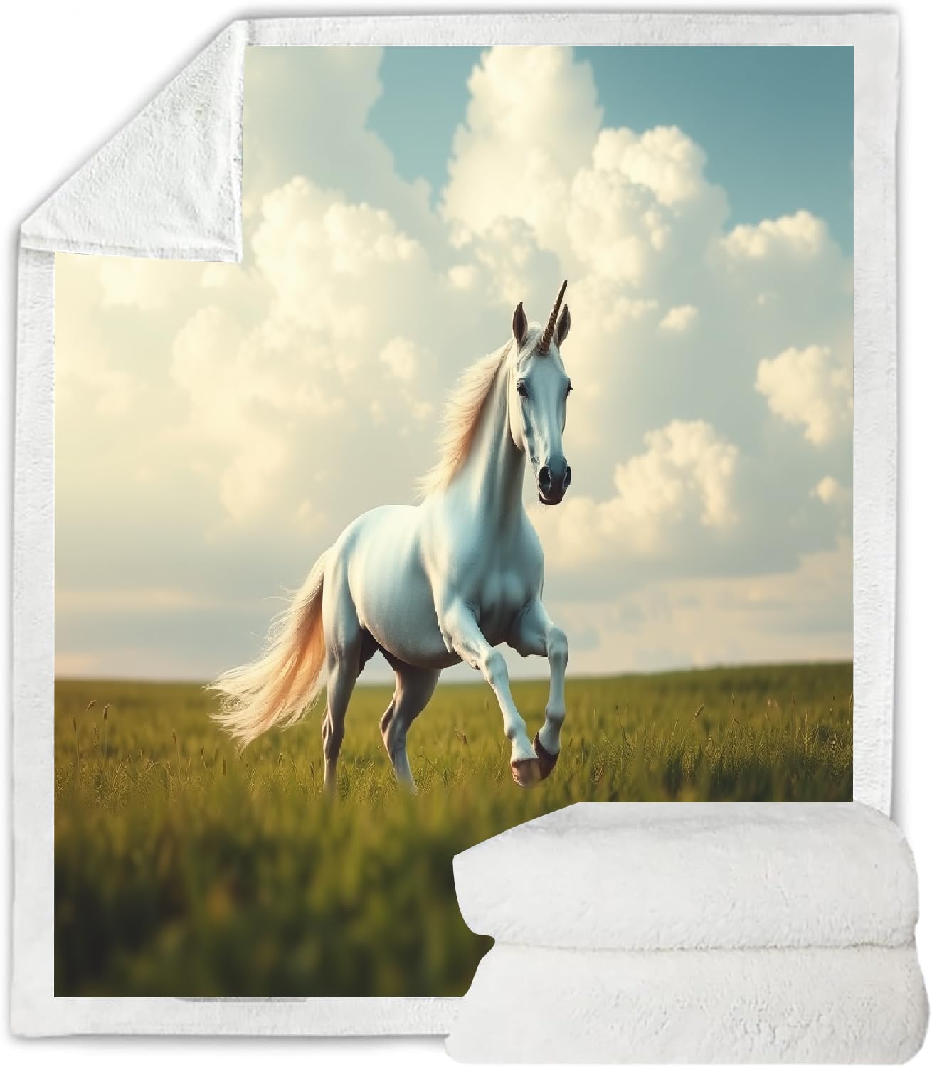 Générique Cheval Blanc Couverture Polaire Epaisse Hiver Adulte 3D Prairie Plaid Canape Chaud Doux en Flanelle Jeté de Canapé pour Couvre lit 2 Personnes pour Fille Garcon 150x200 cm