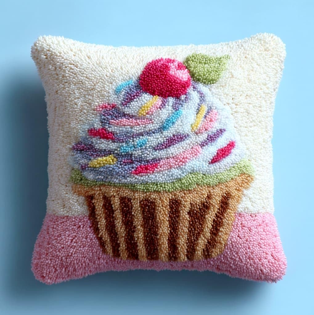 Wallustrioaw Latch Hook Kits Pillow For Adults,Cupcake,Pre-Printed Patterns Pillowcase Needlework Crochet Yarns Latch Hooking Cushion For Sofa Decor,17X17in