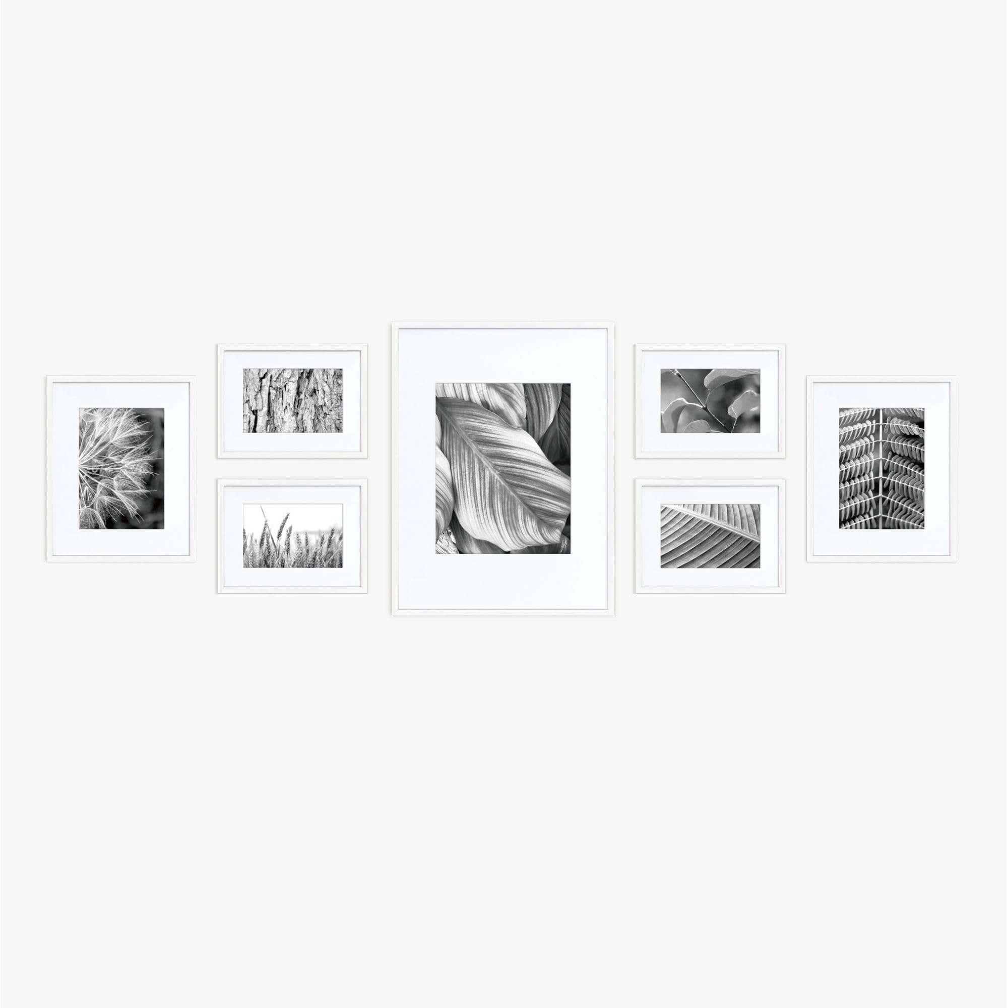 Nielsen White 7-Piece Aluminium Picture Frame Gallery Set, For 6X4in, 5X7in And 8X10in Photos With Glass Front And Push And Turn Clips, Hanging Wall Template Included