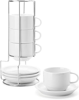 Sweese 406.101 Porcelain Stackable Cappuccino Cups with Saucers and Metal Stand - 8 Ounce for Specialty Coffee Drinks, Cappuccino, Latte, Americano and Tea - Set of 4, White