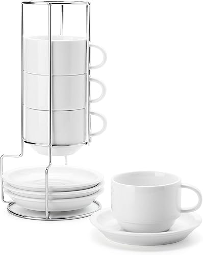 Miniatura 2 de Sweese Tazas de capuchino apilables de porcelana de 8 onzas con platillos y soporte de metal y tazas de porcelana de 6 onzas, blanco-406.401 y