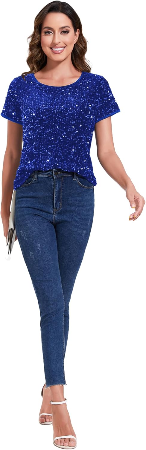 Anna-Kaci Women's Sparkly Sequin Velvet Tops Short Sleeve Crew Neck Shirt Party Club Blouse