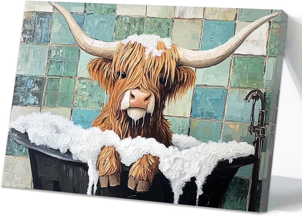 CCWORKERRY Funny Highland Cow Canvas Wall Art for Bathroom Decor Farmhouse Cattle in Bathtub Pictures Vintage Farm Animals Paintings Posters Framed (blue,12" W x 18" L)