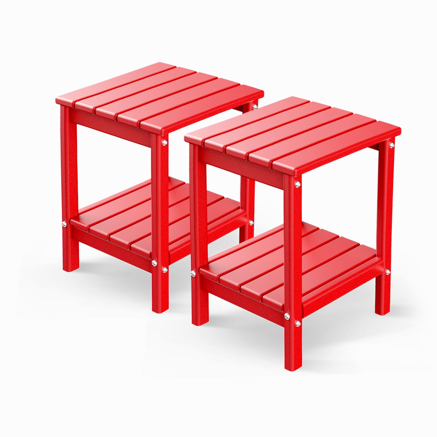 GREENVINES Adirondack-Outdoor-Side-Table | Set of 2 | 14 x 13 Inches | HDPE Plastic | All Weather | Red | Outside End Tables | Storage Shelf | for