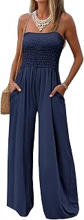AUXDIO Womens Casual Strapless Summer Jumpsuits Loose Off Shoulder Smocked Sleeveless Wide Leg Romper with Pockets