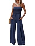 Womens Casual Strapless Summer Jumpsuits Loose Off Shoulder Smocked Sleeveless Wide Leg Romper with Pockets