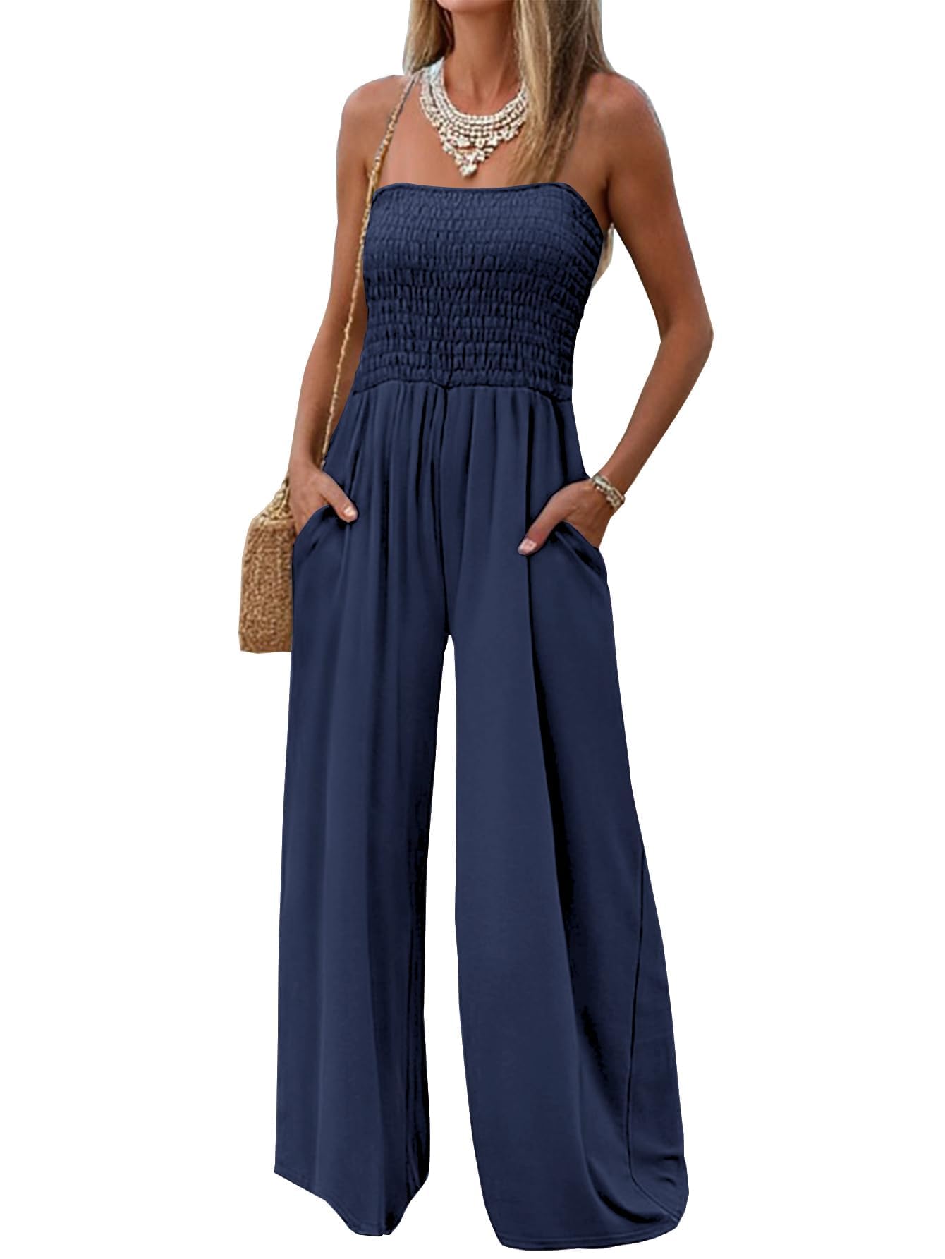 AUXDIO Womens Casual Strapless Summer Jumpsuits Loose Off Shoulder Smocked Sleeveless Wide Leg Romper with Pockets